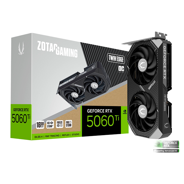 Tarjeta de Video Zotac Gaming GeForce RTX 5060 Ti Twin Edge OC, 16GB GDDR7, 128-bit, PCI Express 5.0, HDMI/DisplayPort - ZT-B50620H-10M