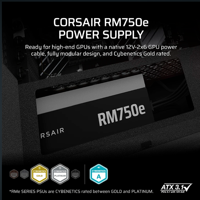 Fuente de Poder Corsair RM750e, 750 W, Fully Modular, ATX 3.1 y PCIe 5.1, 80 PLUS Gold - CP-9020295-NA