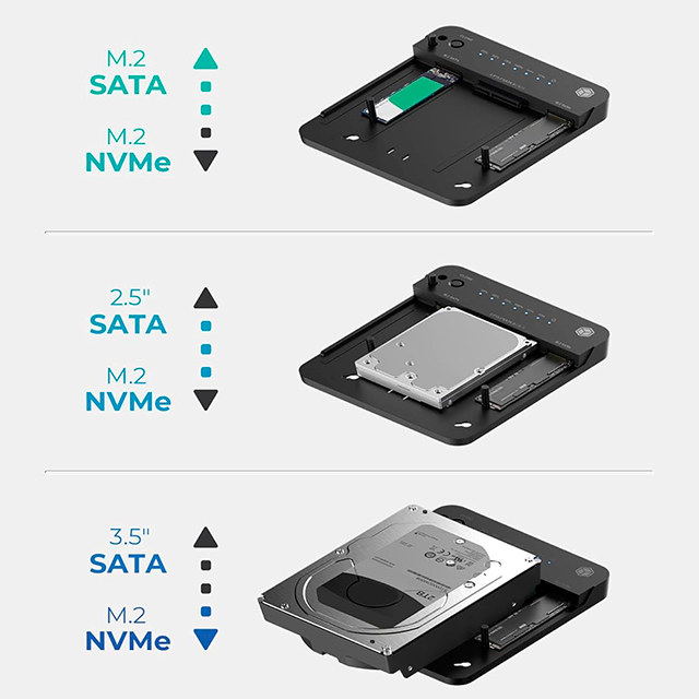 Estación Docking ICY BOX HDD/M.2 NVMe SSD USB 3.2 Gen 2 (10 Gbps), Clonación Bidireccional, SATA 2.5"/3.5" y M.2 NVMe/SATA – IB-2915MSCL-C31
