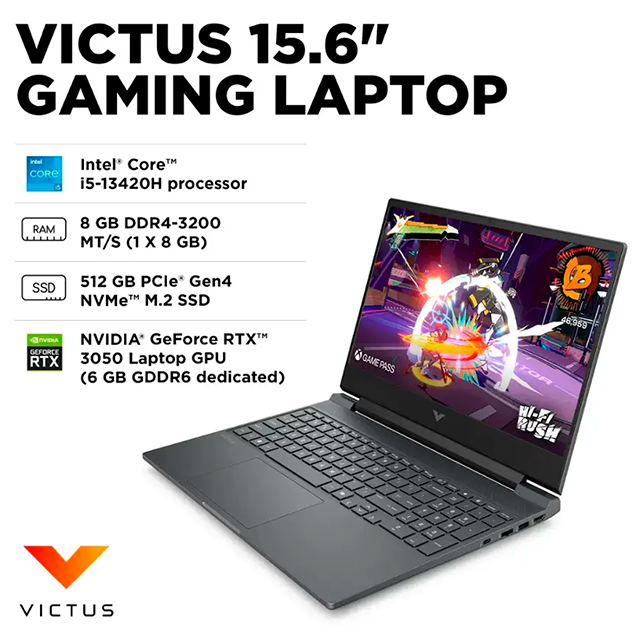 Laptop Gamer HP Victus, Intel Core i5 13420H, GeForce RTX 3050 6GB, 8GB, 512GB SSD, 15.6" FHD 144Hz, Windows 11 Home, Inglés, Mica Silver – 15-fa2013d