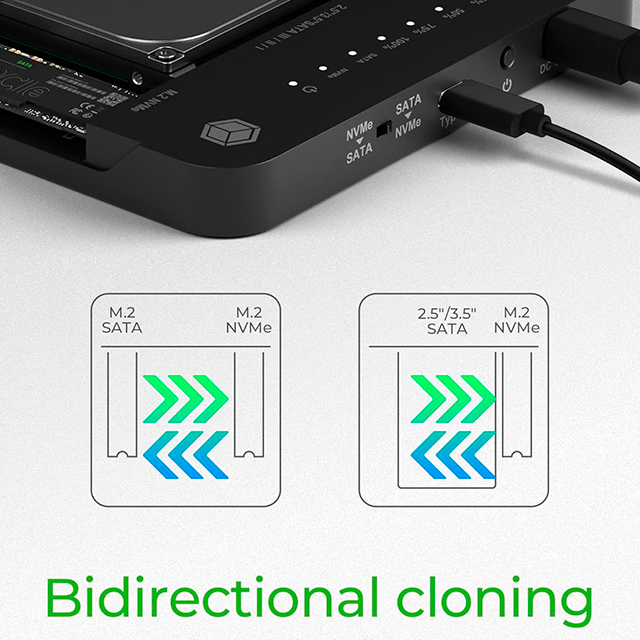 Estación Docking ICY BOX HDD/M.2 NVMe SSD USB 3.2 Gen 2 (10 Gbps), Clonación Bidireccional, SATA 2.5"/3.5" y M.2 NVMe/SATA – IB-2915MSCL-C31