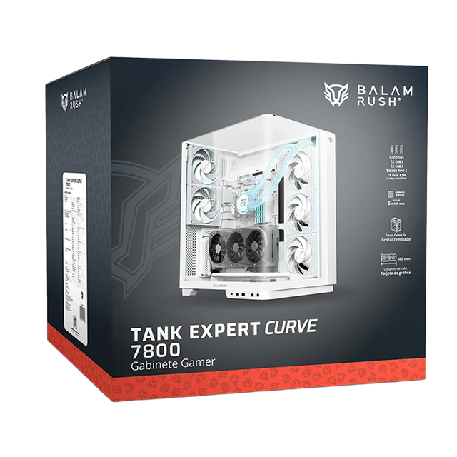 Gabinete Gamer Balam Rush Tank Expert Curve 7800 – Media Torre ATX, Cristal Templado Curvo, USB-C ARGB Blanco – BR-941563