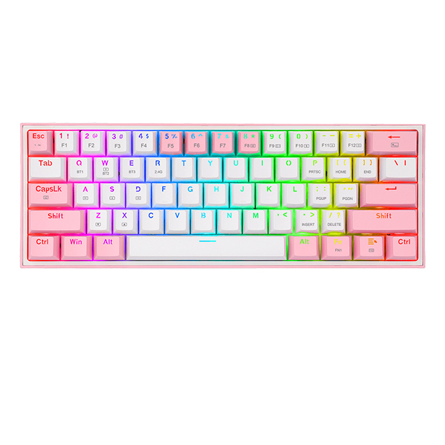 Teclado Gamer Mecánico 60% Redragon Fizz Pro White Pink, Switches Redragon Red, Inalámbrico, USB 2.4Ghz, Bluetooth 5.0, Iluminacion RGB, Ingles - K616-RGB WP