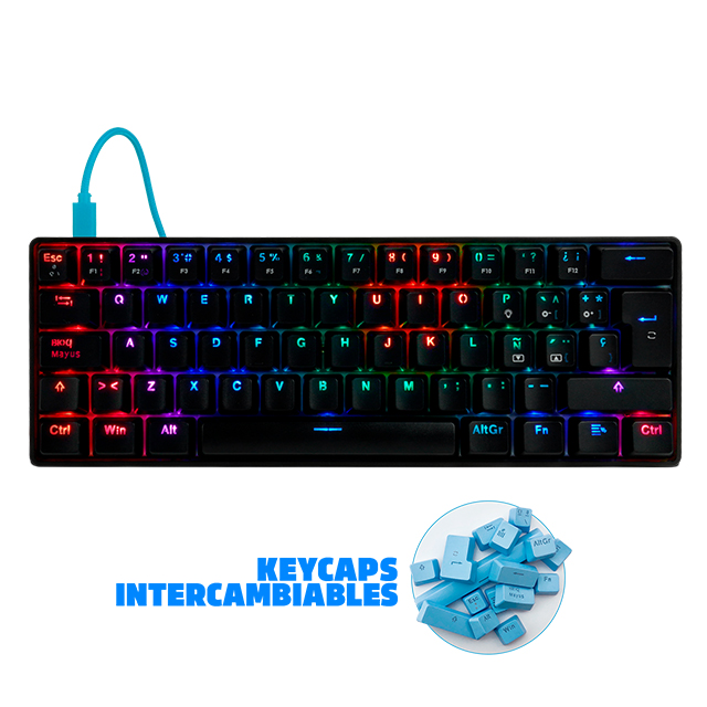 Teclado Gamer Mecanico 60% GameFactor KBG560-BL | Switches Gateron Blue | USB C | RGB | Keycaps Intercambiables