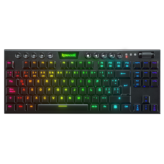 Teclado Gamer Mecanico Redragon Horus TKL RGB, Switches Red Ultra Low Profile, Inalámbrico, USB 2.4Ghz, Bluetooth 5.0, Iluminación RGB, Español - K621-RGB-SP RD