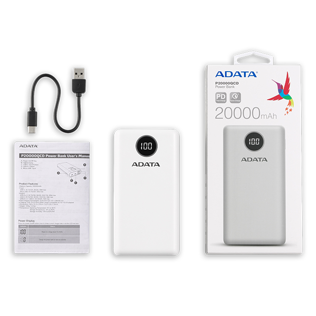 Power Bank Adata P20000QCD Blanco | 20000 mAh | Carga rapida | Hasta 3 dispositivos a la vez -  AP20000QCD-DGT-CWH