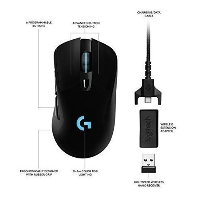 Mouse Logitech G703 Lightspeed Hero, Inalámbrico, Lightsync RGB 16,000 DPI - 910-005639