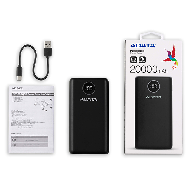 Power Bank Adata P20000QCD Negro | 20000 mAh | Carga rapida | Hasta 3 dispositivos a la vez - AP20000QCD-DGT-CBK