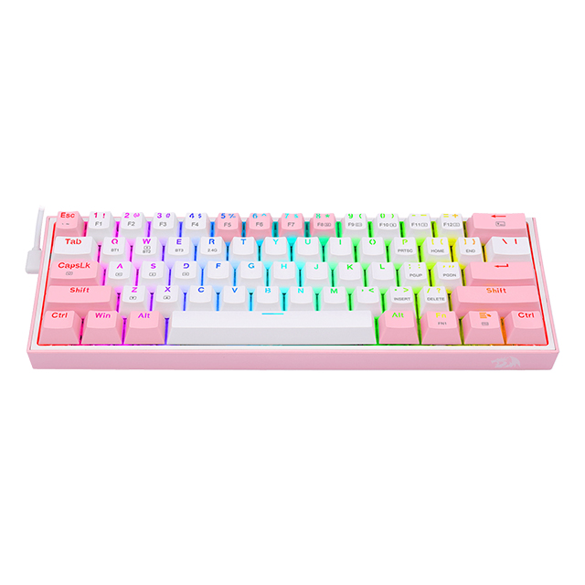 Teclado Gamer Mecánico 60% Redragon Fizz Pro White Pink, Switches Redragon Red, Inalámbrico, USB 2.4Ghz, Bluetooth 5.0, Iluminacion RGB, Ingles - K616-RGB WP