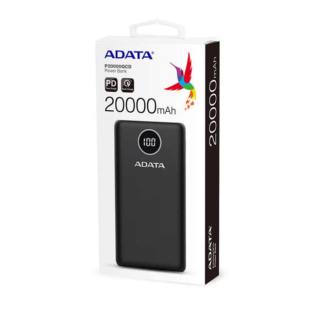 Power Bank Adata P20000QCD Negro | 20000 mAh | Carga rapida | Hasta 3 dispositivos a la vez - AP20000QCD-DGT-CBK