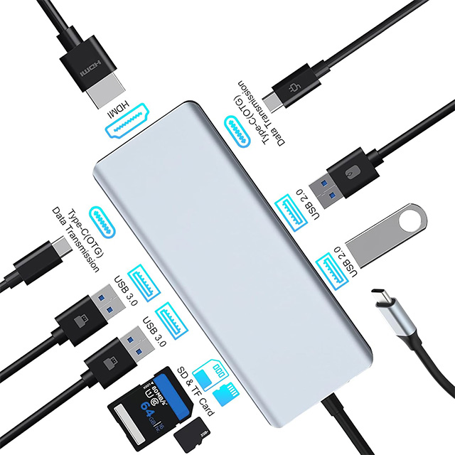 Adaptador Hub Dashline 9 en 1 USB C, Multipuerto USB C, USB 3.0, USB 2.0, HDMI, Lector MicroSD/SD, USB Tipo-C 100w - X0048XJNSL