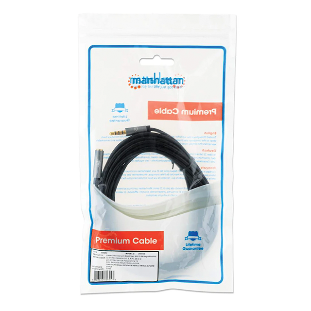 Extensión de Cable Auxiliar MANHATTAN 356053, 3.5 mm Estéreo, 5 m, Color Negro/Plata