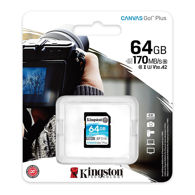 Memoria SD Kingston SDXC Canvas Go Plus, 64GB, UHS-I, U3, V30, CLASE 10 - SDG3/64GB