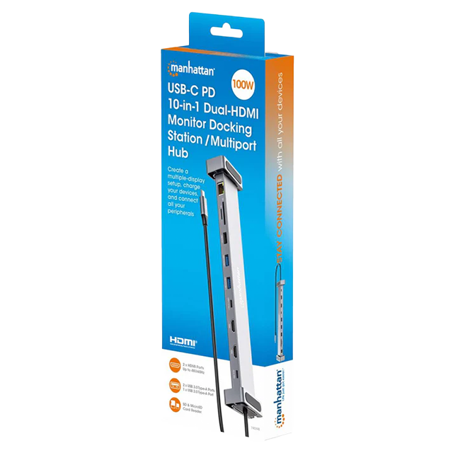 Docking Station Manhattan USB-C 10 en 1, MST para Doble Monitor 4K, Power Delivery 100W – 190398
