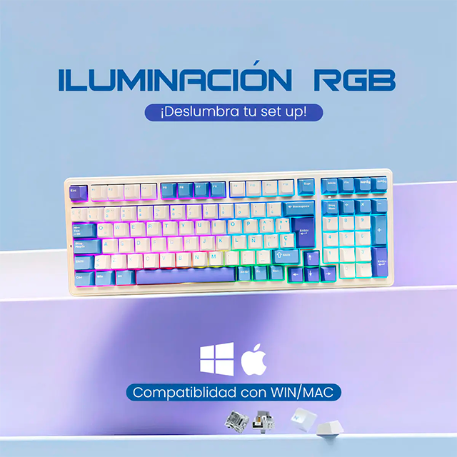 Teclado Mecánico Aula F99, 90%, alámbrico, switches Red, pads absorbentes, RGB, español, blanco/azul/morado – 8500-0005