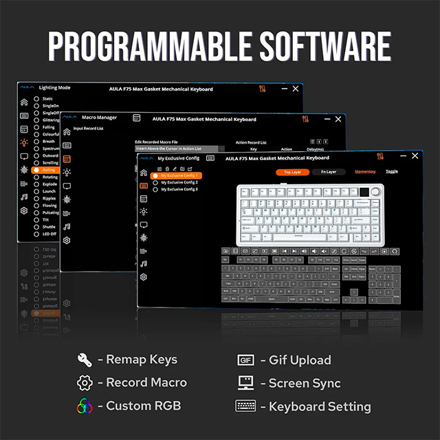Teclado Mecánico Aula F75 MAX Wireless, 70%, pantalla integrada, triple conexión, switches Reaper, gasket, RGB, negro/gris – 8500-0052