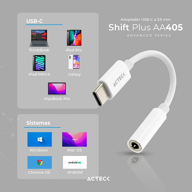 Adaptador USB tipo C a jack 3.5 mm Shift Plus AA405 Acteck – AC-934831