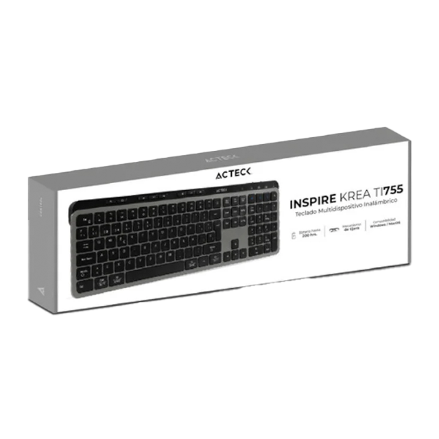 Teclado Multidispositivo Acteck Inspire Krea TI755, 100%, 118 Teclas, 2.4 GHz, Bluetooth 5.1, Membrana Tipo Tijera, Recargable, Negro-Gris – AC-940085