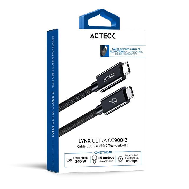 Cable USB-C a USB-C Acteck Lynx Ultra CC900-2, Thunderbolt 5, 80 Gbps, 240 W, 16K 60 Hz, 4K 240 Hz, 2 m, Titanio – AC-945097