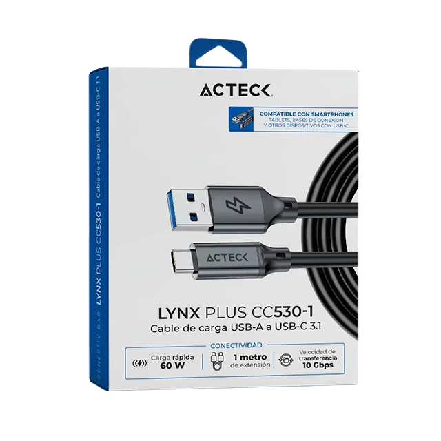 Cable USB-A a USB-C Acteck Lynx Plus CC530-1, USB 3.1, 10 Gbps, 60 W, Carga Rápida, 1 m, Titanio – AC-945165