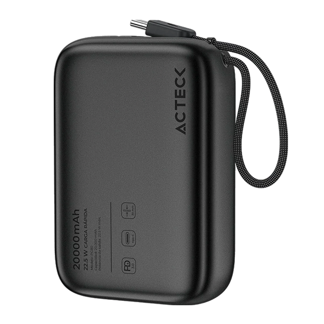 Cargador Powerbank Acteck Energon GO Plug Max PG80, 20,000 mAh, USB-C, Carga Rápida 22.5W, Cable Integrado, Negro – AC-945608
