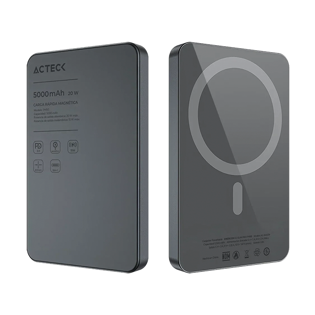 Cargador Powerbank Acteck Energon GO Slim Pro PM50, 5,000 mAh, Carga Inalámbrica Magnética Qi2 20W, USB-C, Negro – AC-945639