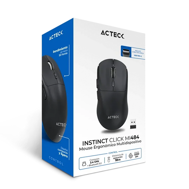 Mouse Ergonómico Multidispositivo Acteck Instinct Click MI484, 3200 DPI, 2.4 GHz + Bluetooth 5.2, 5 Botones, Recargable, Negro – AC-945646