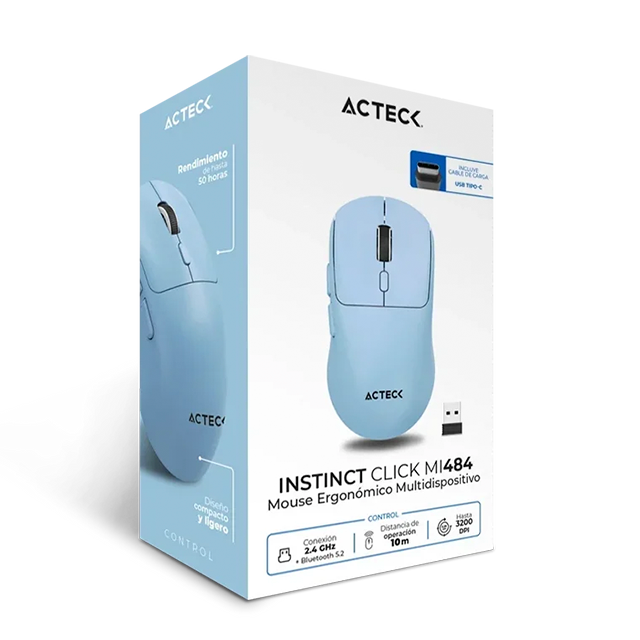 Mouse Ergonómico Multidispositivo Acteck Instinct Click MI484, 3200 DPI, 2.4 GHz + Bluetooth 5.2, 5 Botones, Recargable, Azul – AC-945660