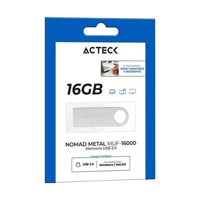 Memoria USB Acteck Nomad Metal MUF-16000, 16GB, USB 2.0, lectura 25 MB/s, escritura 5 MB/s, metálica plata – AC-946209
