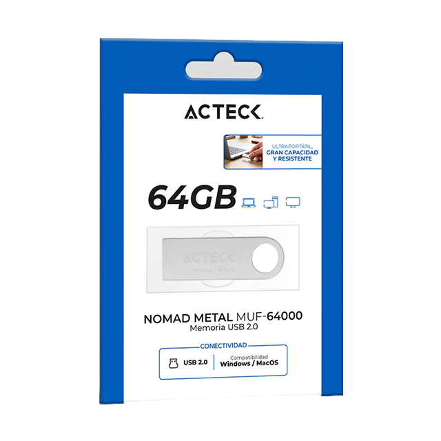 Memoria USB Acteck Nomad Metal MUF-64000, 64GB, USB 2.0, lectura 25 MB/s, escritura 5 MB/s, metálica plata – AC-946223