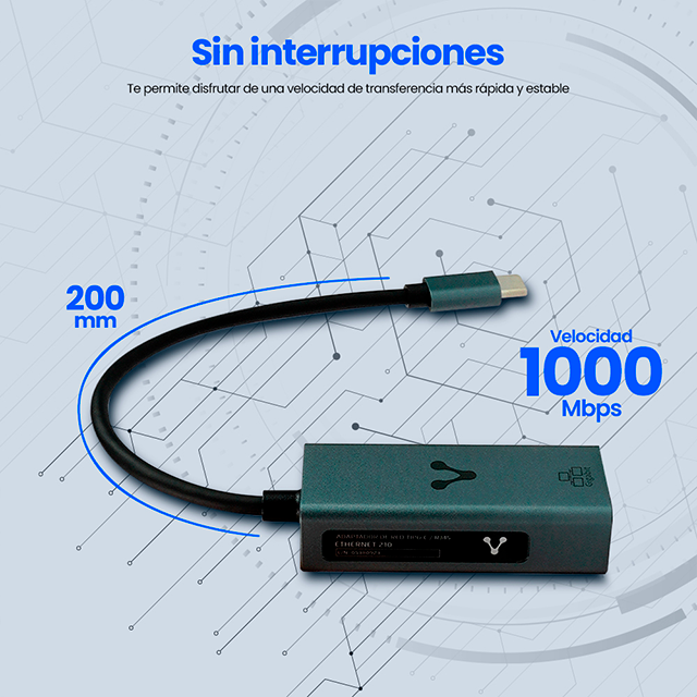 Adaptador Vorago ADP-210, Tipo C a Ethernet RJ45, Velocidad 1 Gbps, Plug & Play, Carcasa Metálica - ADP-210