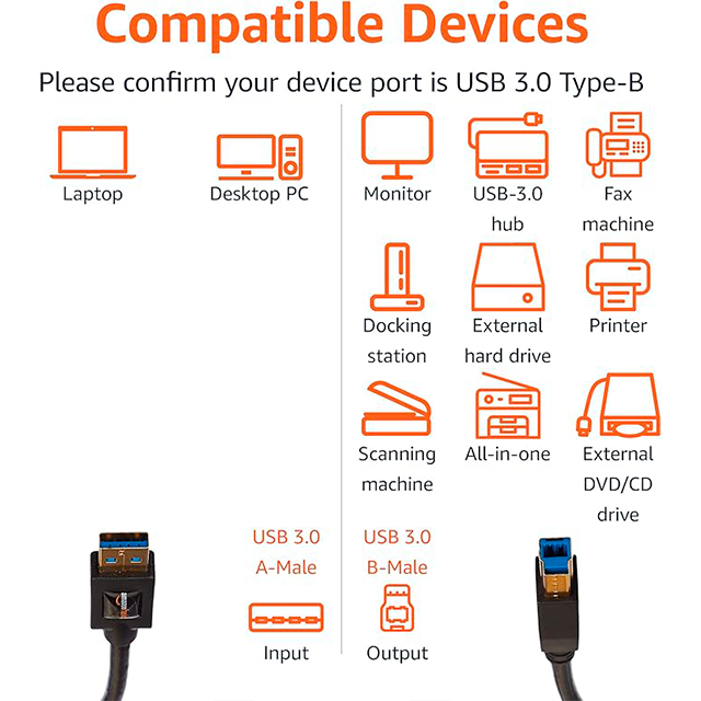 Cable USB-A a USB-B 3.0 Amazon Basics, 4.8 Gbps, Conectores Chapados en Oro, 6 ft, Negro