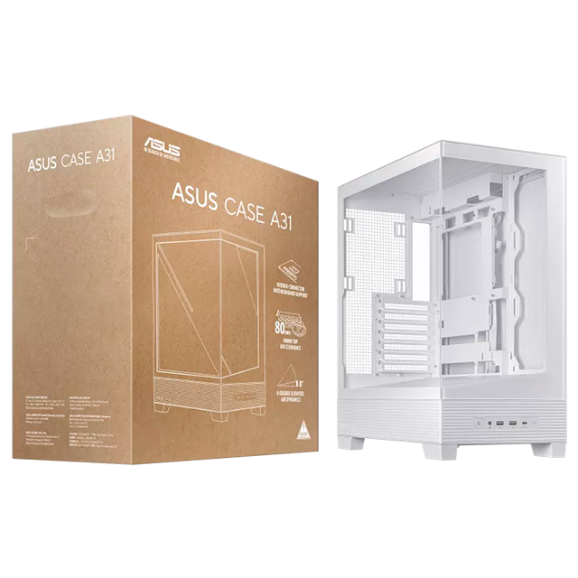 Gabinete ASUS A31 Case White, Mid Tower, ATX, vidrio templado frontal/lateral, soporte AIO 360 mm, GPU 380 mm – ASUS A31 CASE WH