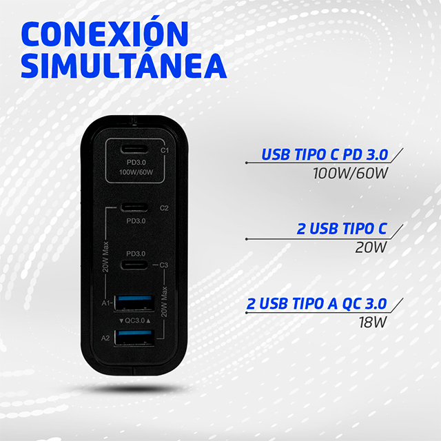 Cargador de Pared Vorago AU-600, 100W PD, 5 Puertos, Quick Charge 3.0, USB-C – Negro
