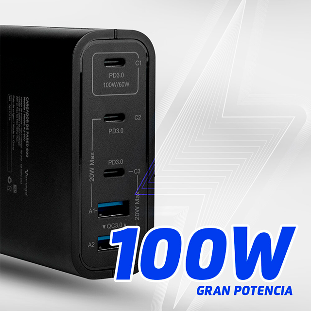 Cargador de Pared Vorago AU-600, 100W PD, 5 Puertos, Quick Charge 3.0, USB-C – Negro