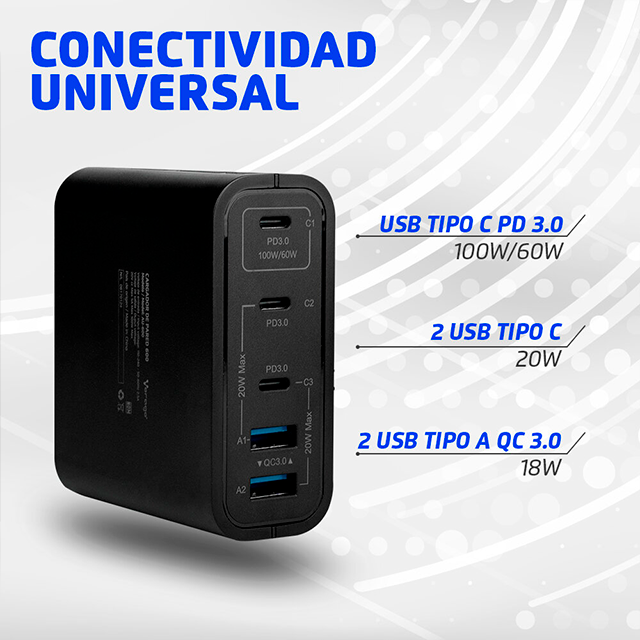 Cargador de Pared Vorago AU-600, 100W PD, 5 Puertos, Quick Charge 3.0, USB-C – Negro