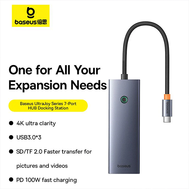 Hub USB-C Baseus Flite Series, 7 Puertos, HDMI 4K 60Hz, USB 3.0, PD, SD/TF – Gris – B00052803811-00