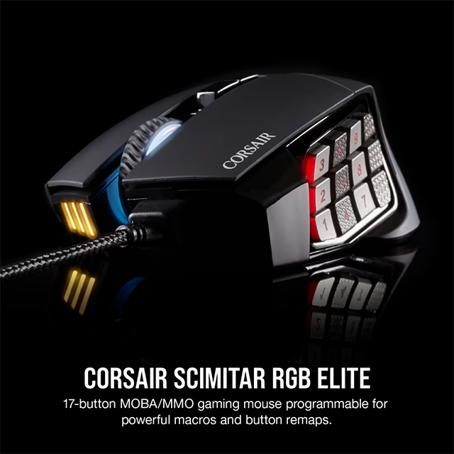Mouse Gamer Corsair Scimitar RGB Elite, Óptico 18,000 DPI, 17 Botones Programables, iCUE, Retroiluminación RGB, Alámbrico USB, Negro - CH-9304211-NA