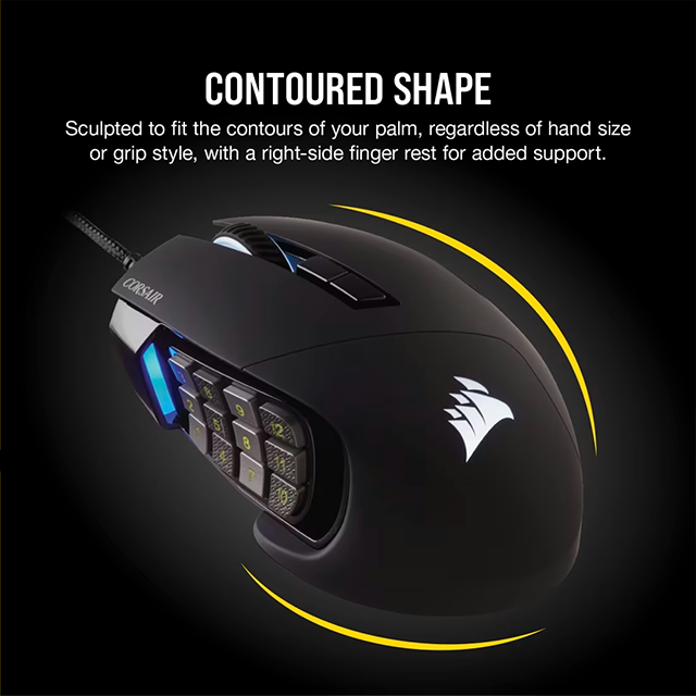 Mouse Gamer Corsair Scimitar RGB Elite, Óptico 18,000 DPI, 17 Botones Programables, iCUE, Retroiluminación RGB, Alámbrico USB, Negro - CH-9304211-NA