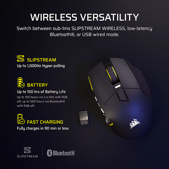 Mouse Óptico Corsair Scimitar Elite Wireless, Inalámbrico, Sensor 26,000 DPI, Panel Lateral 12 Botones, Negro/Amarillo – CH-9314415-WW