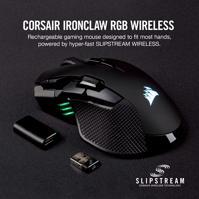Mouse Gamer Corsair Ironclaw RGB Wireless, Óptico 18,000 DPI, Inalámbrico RF/BT y USB, 7 Botones Programables, iCUE, Negro - CH-9317011-NA