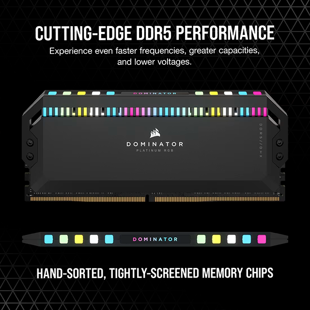Memoria RAM Corsair Dominator Platinum RGB DDR5 64 GB (2×32 GB) Tray, 5200 MT/s, CL40, Intel XMP, 1.25 V, Negro – CMT64GX5M2B5200C40