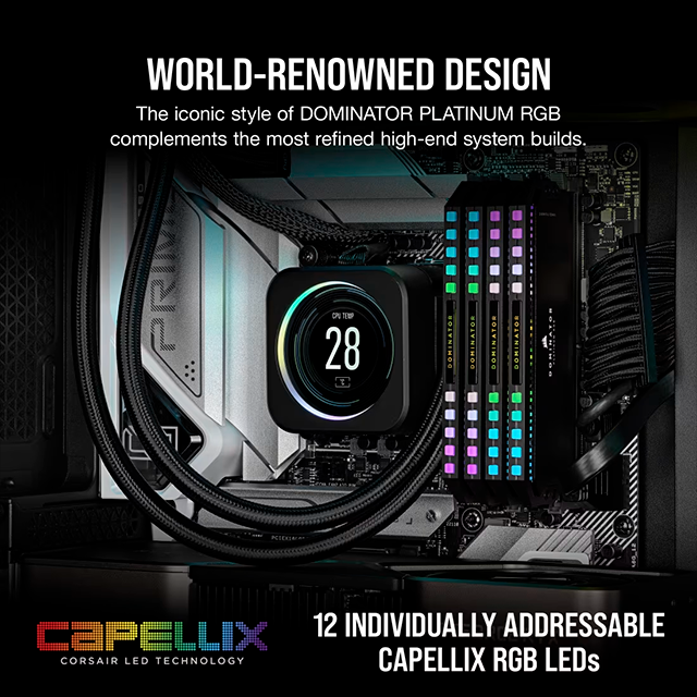 Memoria RAM Corsair Dominator Platinum RGB DDR5 64 GB (2×32 GB) Tray, 5200 MT/s, CL40, Intel XMP, 1.25 V, Negro – CMT64GX5M2B5200C40