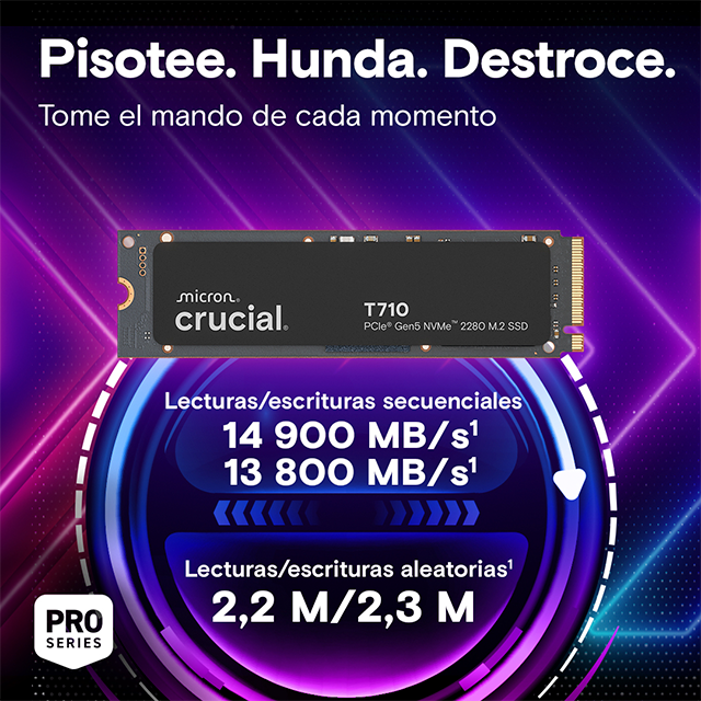 Unidad de Estado Solido SSD Crucial T710 4TB, M.2 2280, PCIe Gen5 x4, NVMe, hasta 14,900/13,800 MB/s, sin disipador – CT4000T710SSD8