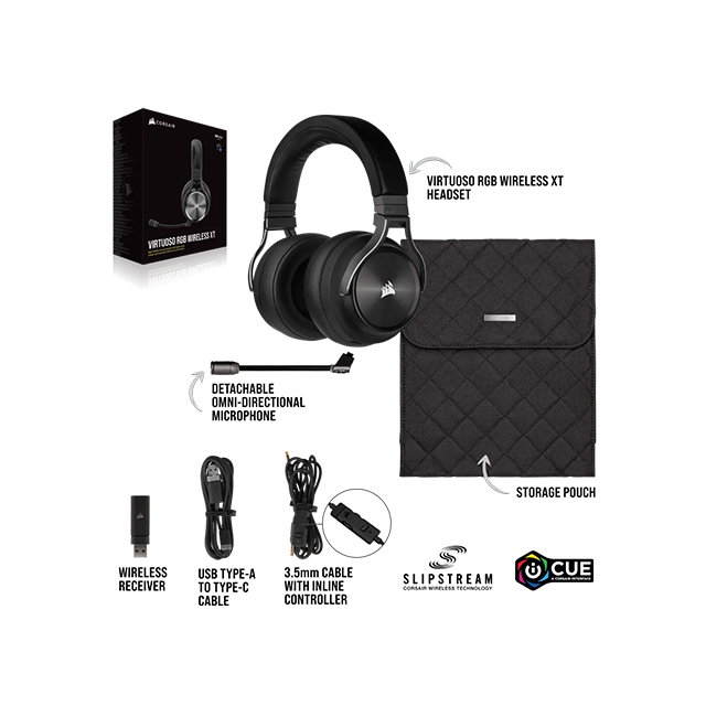 Diadema Corsair Virtuoso RGB Wireless XT Slate, Inalámbrico, 7.1 Surround, USB, USB-C, 3.5mm, PC - CA-9011188-NA