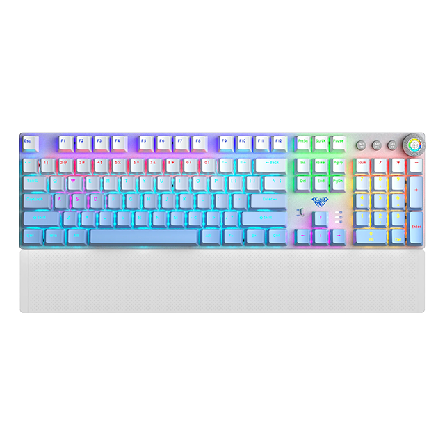 Teclado Mecánico AULA F2088 Air White, 104 Teclas, Alámbrico USB-C, Reposamuñecas Removible, Perilla Multimedia, RGB, Inglés con Impresión en Español – 8500-0069