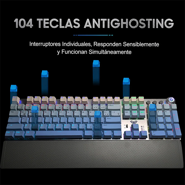 Teclado Mecánico AULA F2088 Air White, 104 Teclas, Alámbrico USB-C, Reposamuñecas Removible, Perilla Multimedia, RGB, Inglés con Impresión en Español – 8500-0069