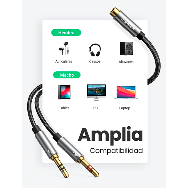 Adaptador UGREEN Cable de Divisor de 2 Clavijas de Auricular/Micrófono Separadas 3.5mm Macho a Mic y Audio 3.5mm Hembra para Auriculares, Carcasa de Aluminio - B073ZDDTH2