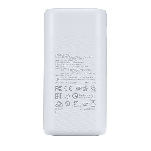 Power Bank Adata P10000QCD Blanca, 10000 mAh, Carga rapida, Hasta 3 dispositivos a la vez - AP10000QCD-DGT-CWH