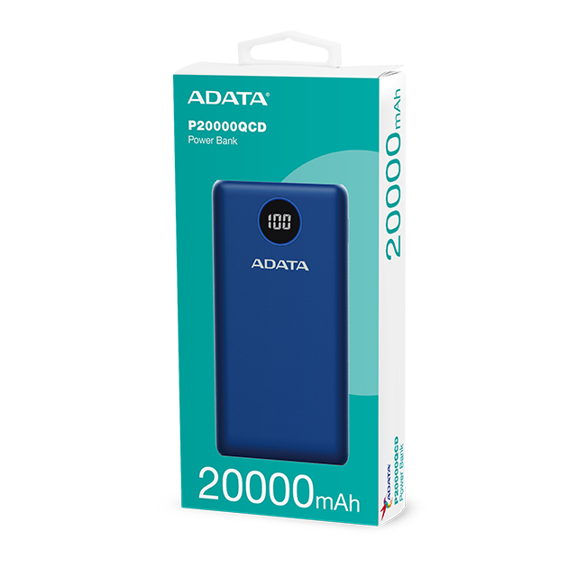 Power Bank Adata P20000QCD Azul | 20000 mAh | Carga rapida | Hasta 3 dispositivos a la vez - AP20000QCD-DGT-CDB